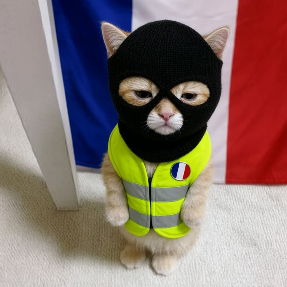 An orange kitten standing on two legs in a black balaclava and a yellow hi-vis vest with a French flag pin, in front of a French flag, looking salty